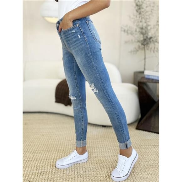 🔥 NWT Judy Blue Mid Rise Destroy & Cuff Skinny Jeans, Regular + Plus Sizes - Picture 7 of 9